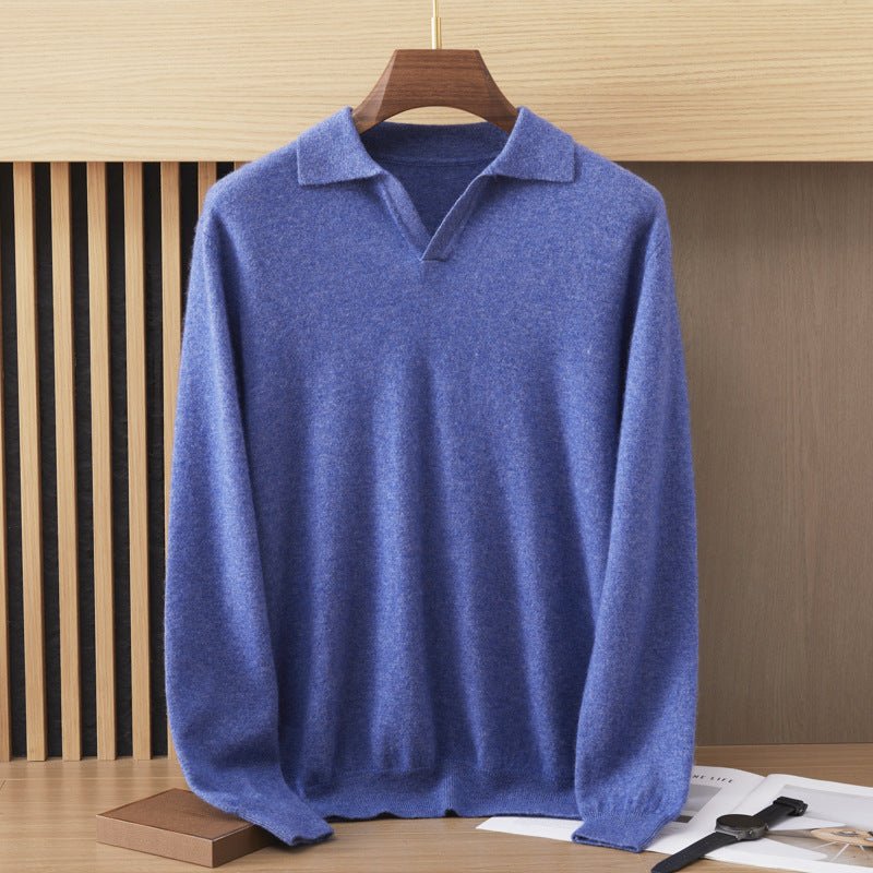 Mens Polo Collar Cashmere Sweater Collared Cashmere Knit Pullover Blue XS
