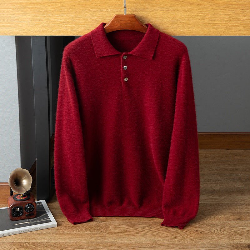 Mens Cashmere Polo Sweater Button Front Soft Knit Ribbed Hem Pullover Red XS