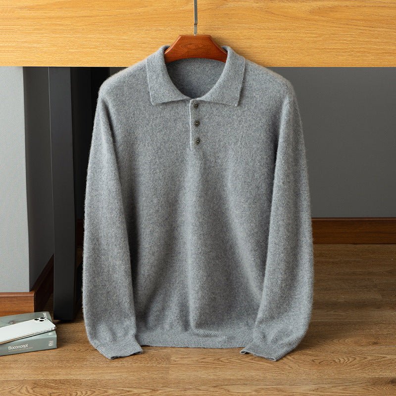 Mens Cashmere Polo Sweater Button Front Soft Knit Ribbed Hem Pullover Gray XS