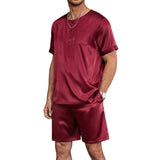 Mens Short Silk Pajama Set Mulberry Silk Two Piece Sleepwear Claret S