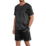 Mens Short Silk Pajama Set Mulberry Silk Two Piece Sleepwear Black S