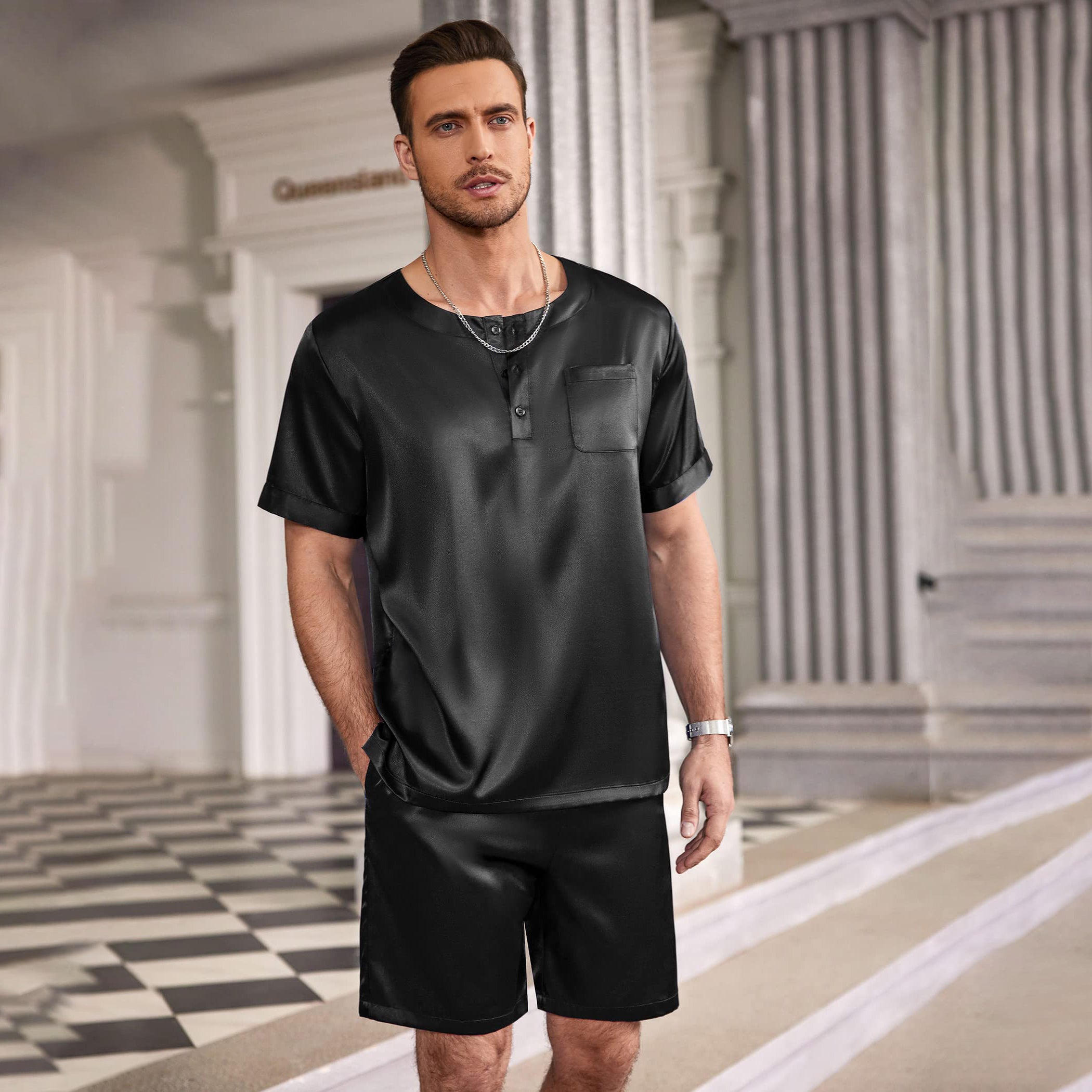 Mens Short Silk Pajama Set Mulberry Silk Two Piece Sleepwear Black S