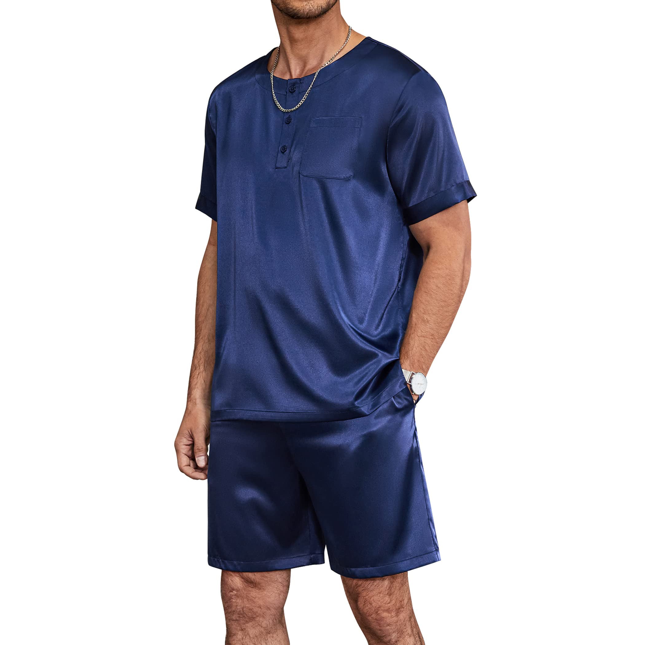 Mens Short Silk Pajama Set Mulberry Silk Two Piece Sleepwear Navy Blue S