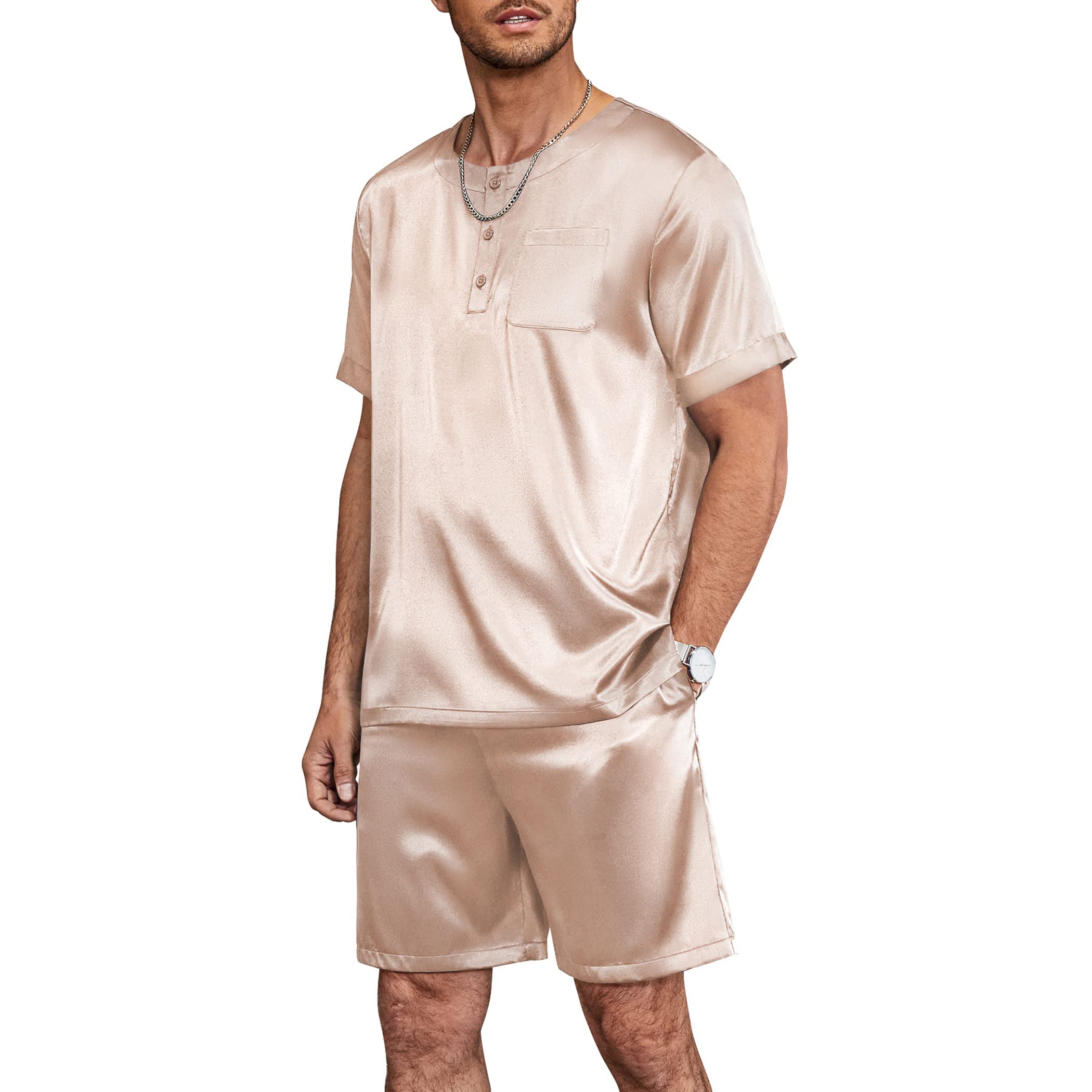 Mens Short Silk Pajama Set Mulberry Silk Two Piece Sleepwear Champagne S