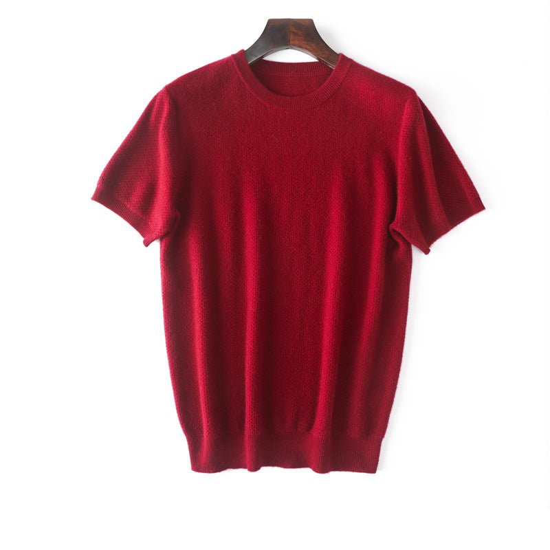 Mens Short Sleeve Pure Cashmere Sweater Crew Neck Textured Knit Tops Red XS