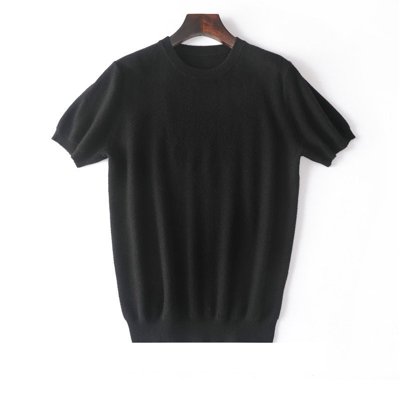 Mens Short Sleeve Pure Cashmere Sweater Crew Neck Textured Knit Tops Black XS
