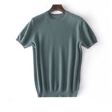 Mens Short Sleeve Pure Cashmere Sweater Crew Neck Textured Knit Tops Blue XS