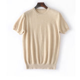 Mens Short Sleeve Pure Cashmere Sweater Crew Neck Textured Knit Tops Beige XS