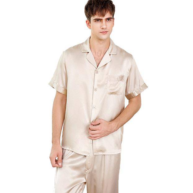Men's Short Sleeve Silk Pajamas Set 100% Mulberry Silk Pajamas Beige XS