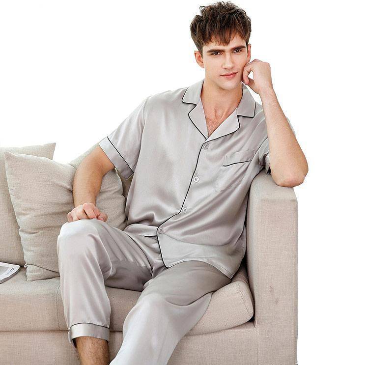 Men's Short Sleeve Silk Pajamas Set 100% Mulberry Silk Pajamas Beige XS