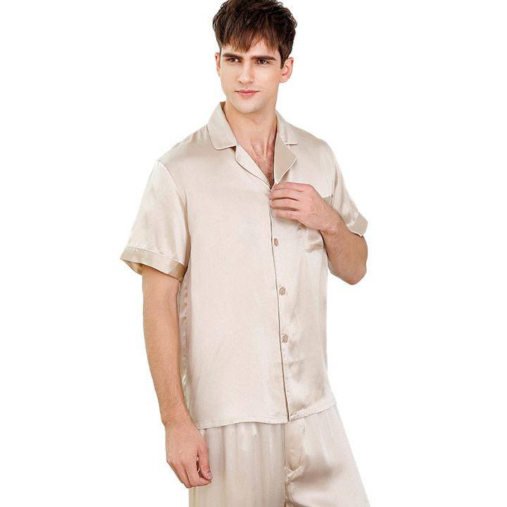 Men's Short Sleeve Silk Pajamas Set 100% Mulberry Silk Pajamas Beige XS