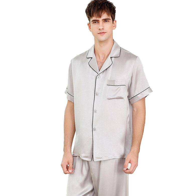 Men's Short Sleeve Silk Pajamas Set 100% Mulberry Silk Pajamas Silver Gray XS