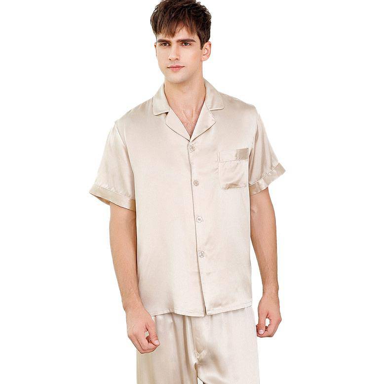 Men's Short Sleeve Silk Pajamas Set 100% Mulberry Silk Pajamas Beige XS