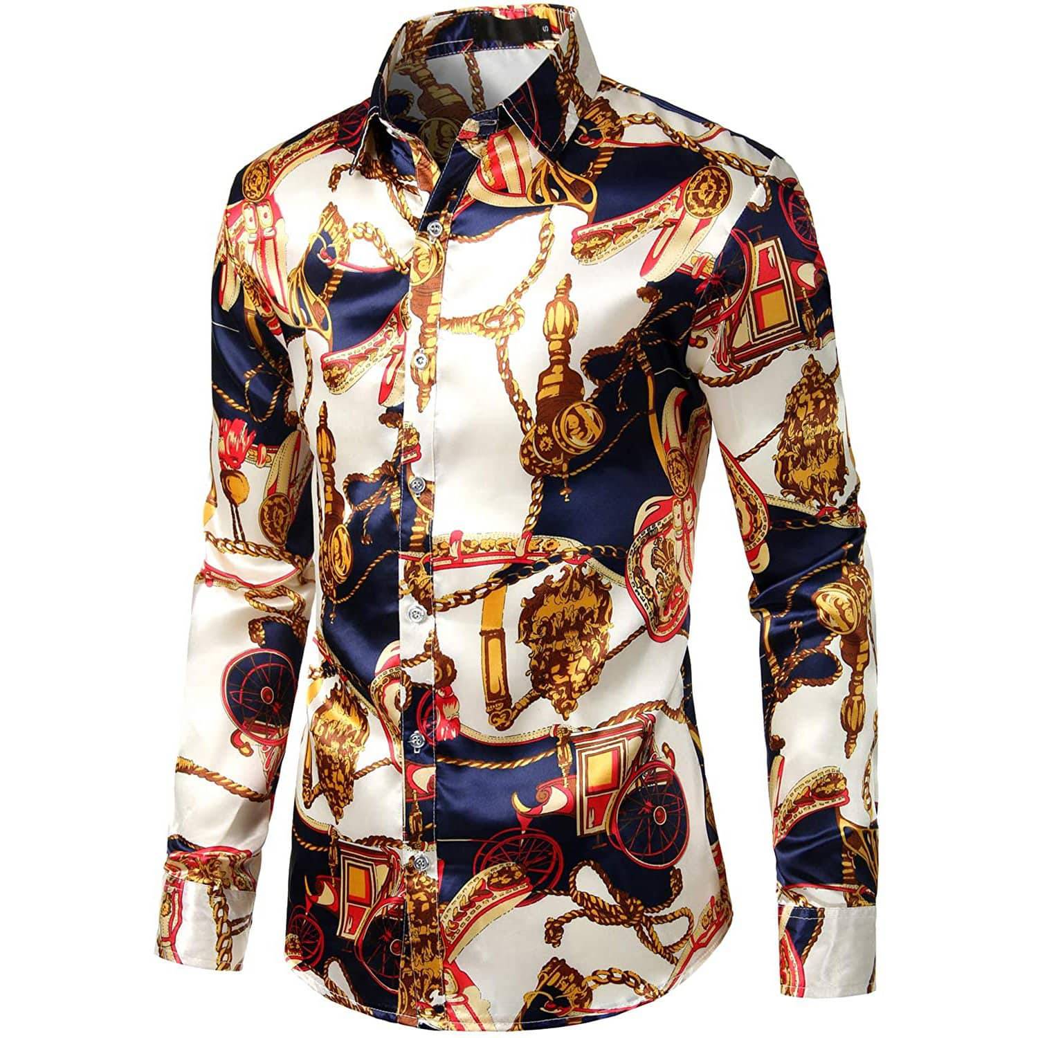 Printed Silk Shirt Long Sleeve Button Down Silk Shirt Gold XS
