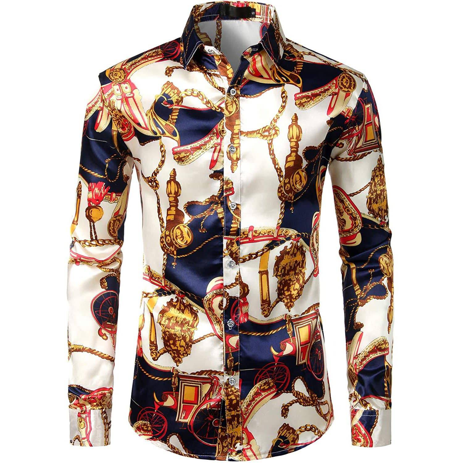 Printed Silk Shirt Long Sleeve Button Down Silk Shirt Gold XS