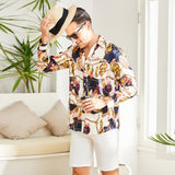 Printed Silk Shirt Long Sleeve Button Down Silk Shirt Gold XS