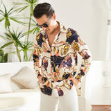Printed Silk Shirt Long Sleeve Button Down Silk Shirt Gold XS