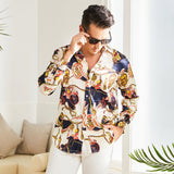 Printed Silk Shirt Long Sleeve Button Down Silk Shirt Gold XS
