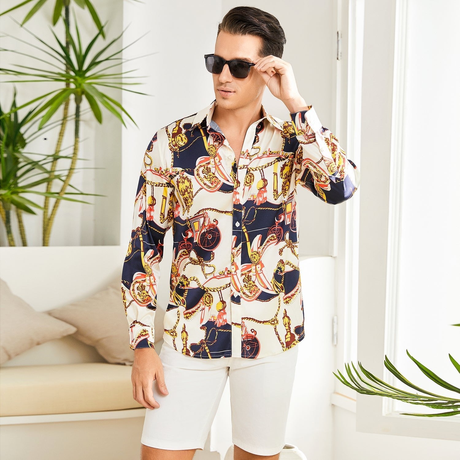 Printed Silk Shirt Long Sleeve Button Down Silk Shirt Gold XS