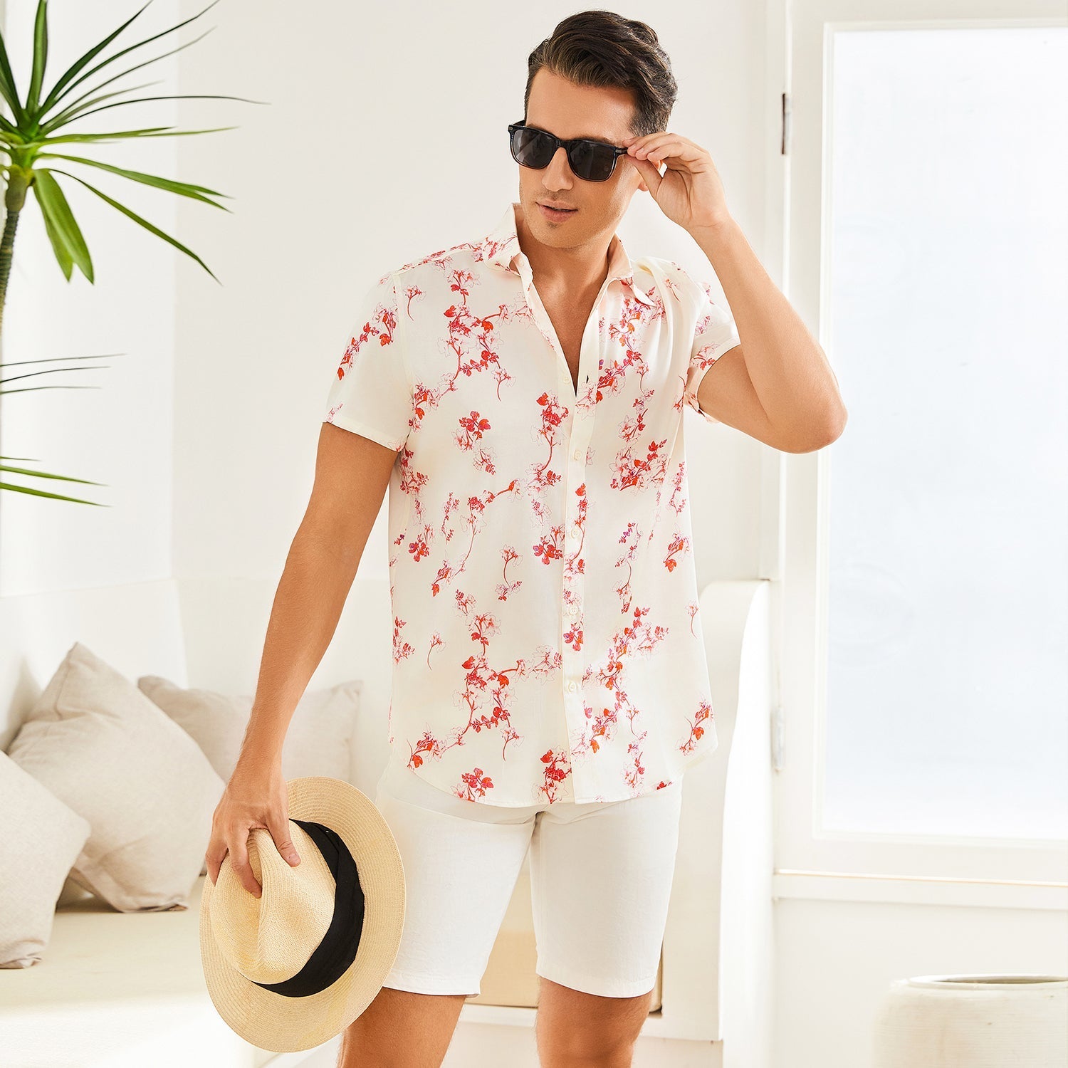 Men's Silk Hawaiian Shirts Luxury Button Down Silk Beach Shirt XS White