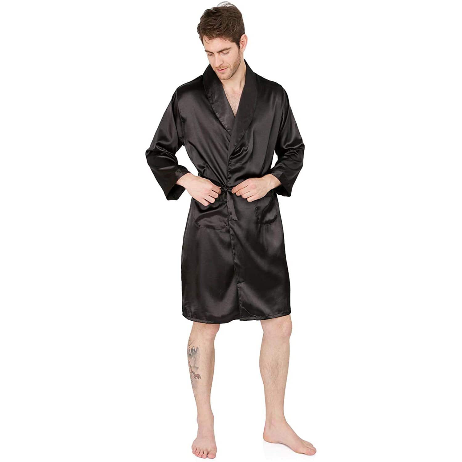 Men's Silk Kimono Robe Summer Luxury Silk Bathrobe Black XS