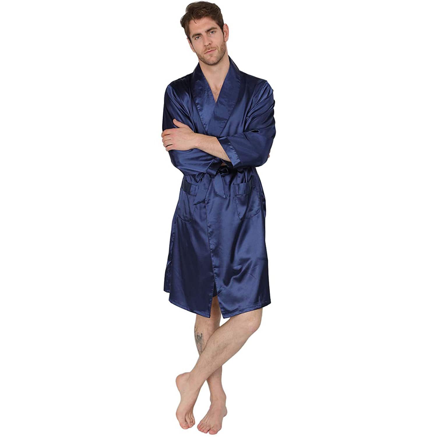 Men's Silk Kimono Robe Summer Luxury Silk Bathrobe Navy Blue XS