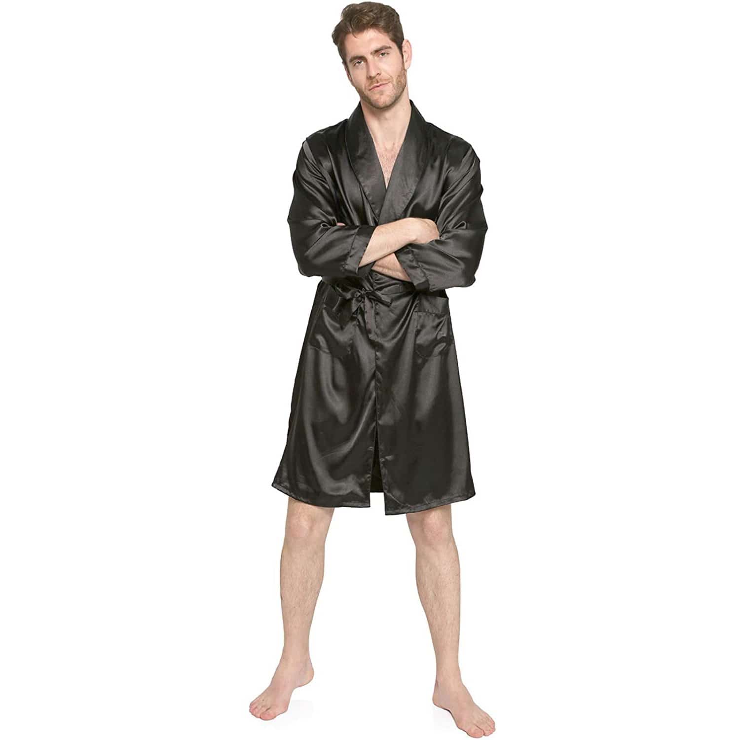 Men's Silk Kimono Robe Summer Luxury Silk Bathrobe Black XS