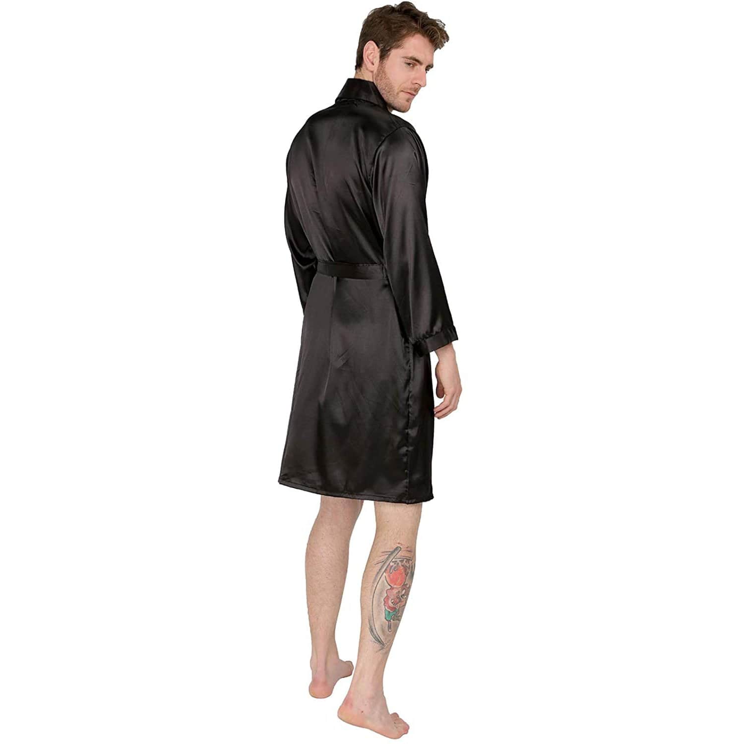 Men's Silk Kimono Robe Summer Luxury Silk Bathrobe Black XS