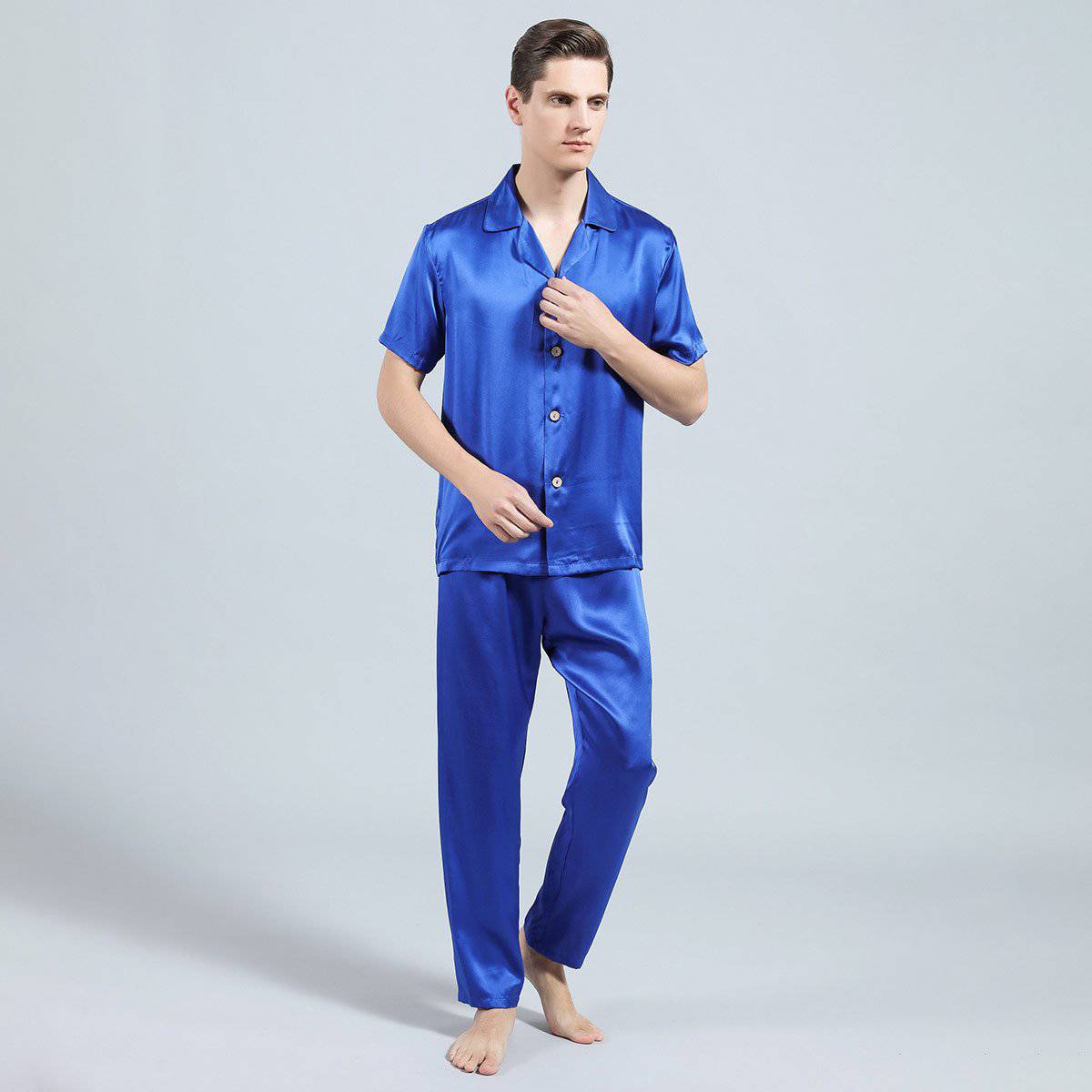 Mens Silk Pajamas with Short Sleeve Long Pants Silk Mens Pajamas Blue XS