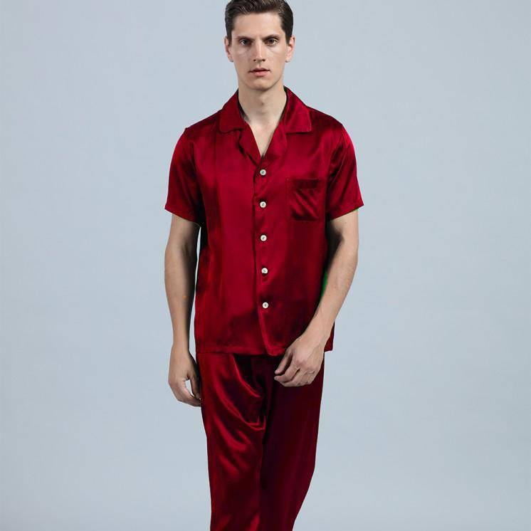 Mens Silk Pajamas with Short Sleeve Long Pants Silk Mens Pajamas Claret XS