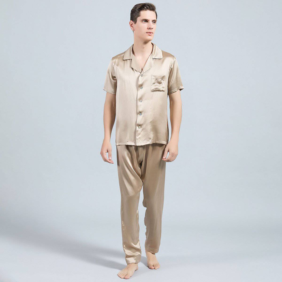 Mens Silk Pajamas with Short Sleeve Long Pants Silk Mens Pajamas Champagne XS