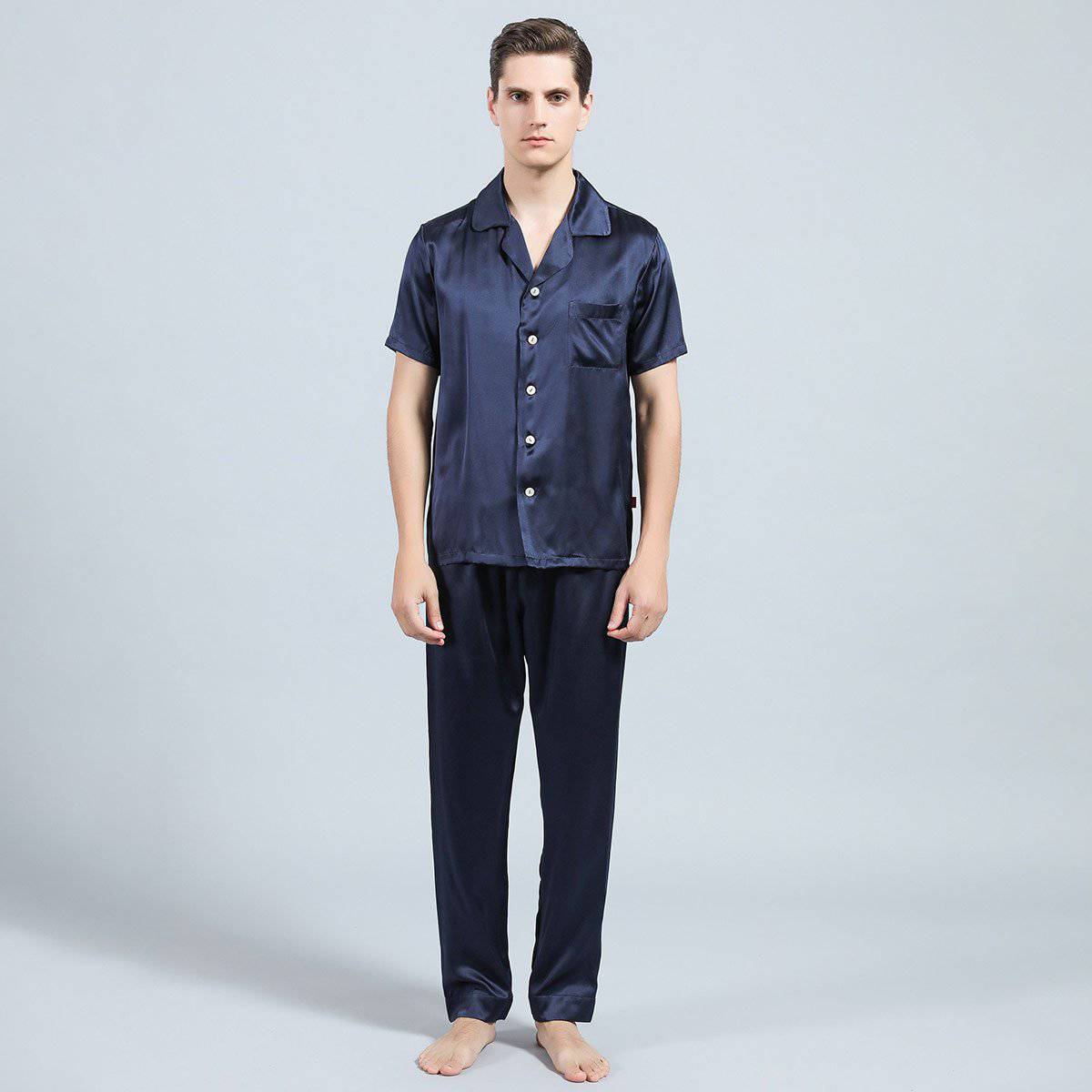 Mens Silk Pajamas with Short Sleeve Long Pants Silk Mens Pajamas Navy Blue XS