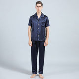 Mens Silk Pajamas with Short Sleeve Long Pants Silk Mens Pajamas Navy Blue XS
