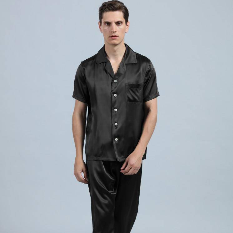 Mens Silk Pajamas with Short Sleeve Long Pants Silk Mens Pajamas Black XS