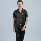 Mens Silk Pajamas with Short Sleeve Long Pants Silk Mens Pajamas Black XS
