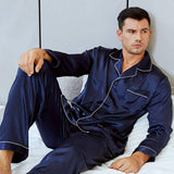 Mens Silk Pajamas with Pockets Full Length Silk Pajama Pants Set Navy Blue XS