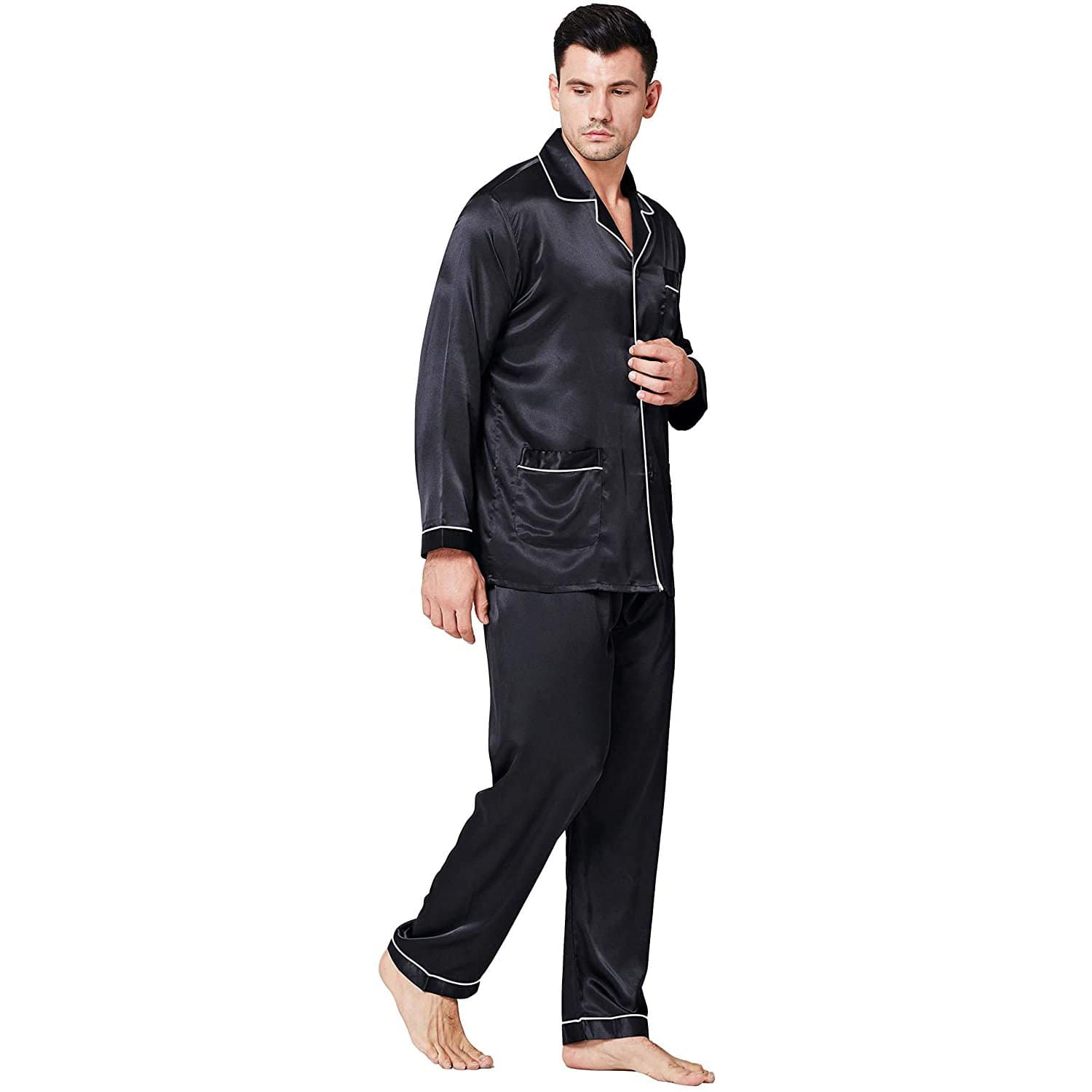 Mens Silk Pajamas with Pockets Full Length Silk Pajama Pants Set Black XS