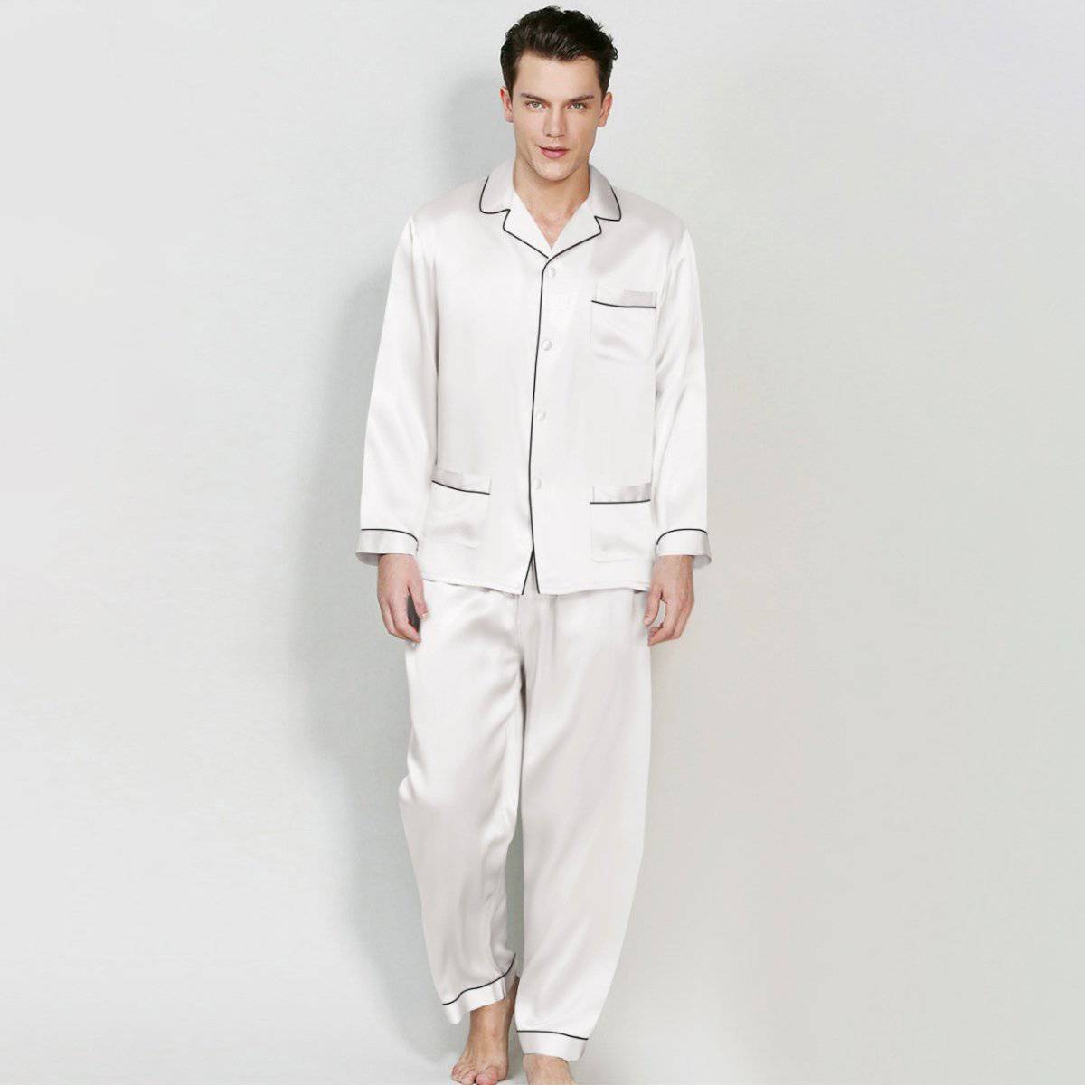 Mens Silk Pajamas with Pockets Full Length Silk Pajama Pants Set White XS