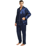 Mens Silk Pajamas with Pockets Full Length Silk Pajama Pants Set Navy Blue XS