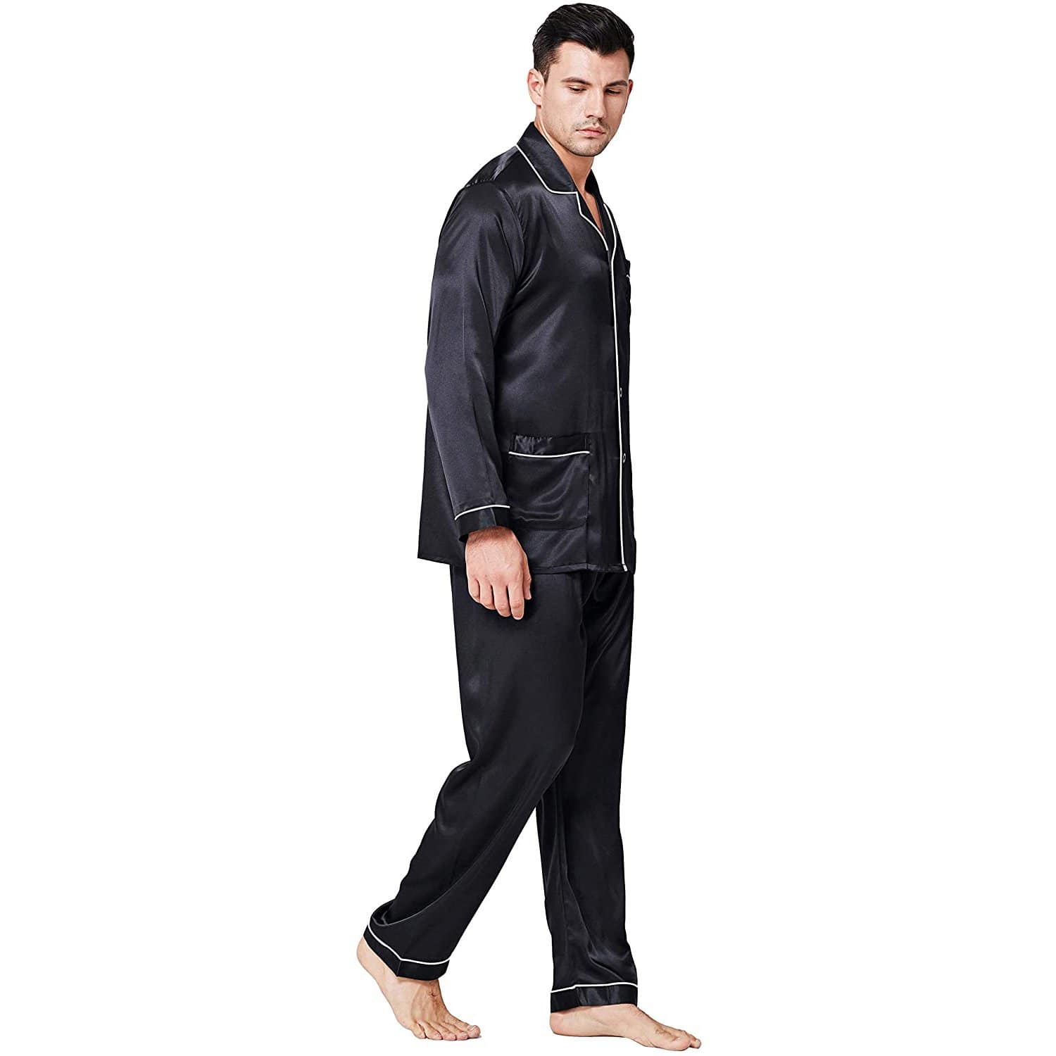Mens Silk Pajamas with Pockets Full Length Silk Pajama Pants Set Black XS