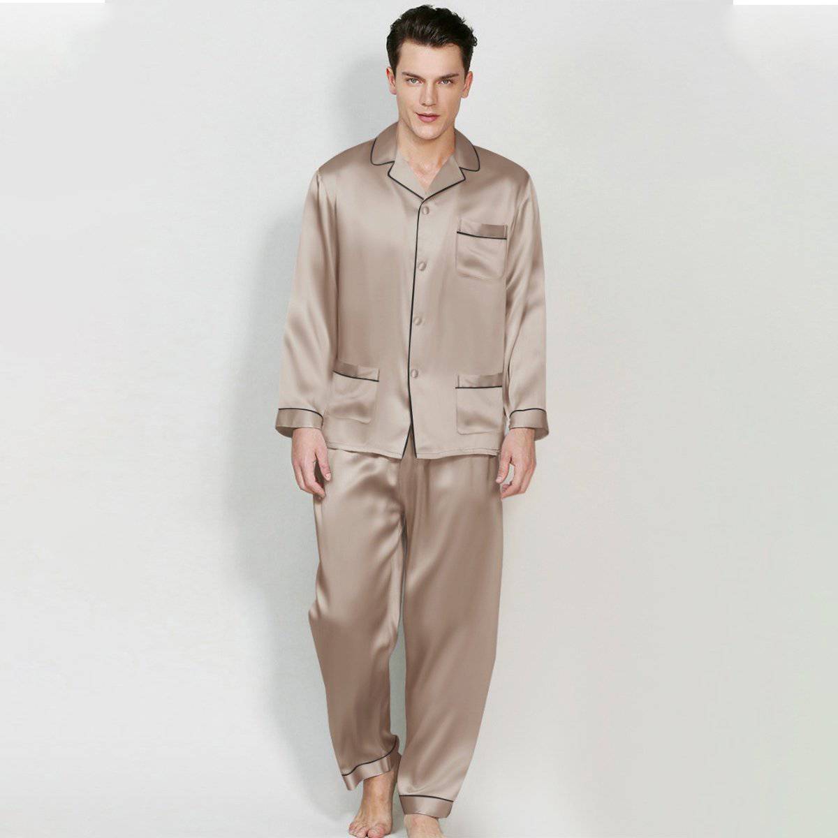 Mens Silk Pajamas with Pockets Full Length Silk Pajama Pants Set Champagne XS