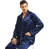 Mens Silk Pajamas with Pockets Full Length Silk Pajama Pants Set Navy Blue XS