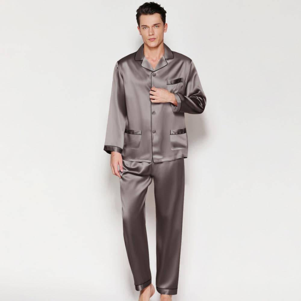Mens Silk Pajamas with Pockets Full Length Silk Pajama Pants Set Dark Gray XS