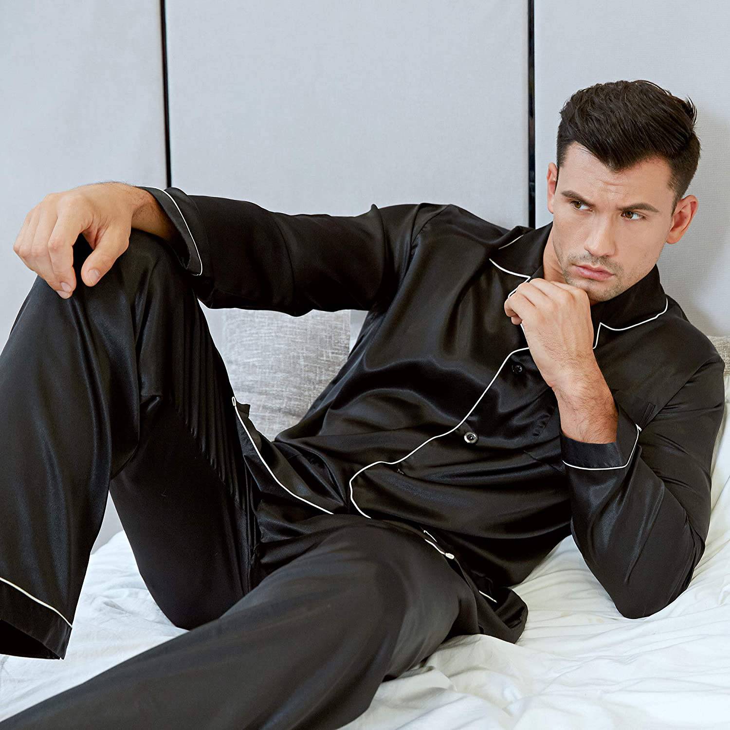 Mens Silk Pajamas with Pockets Full Length Silk Pajama Pants Set Black XS