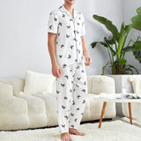 Men's Silk Pajamas Set Short Sleeves Butterfly Print Silk Nightwear White S