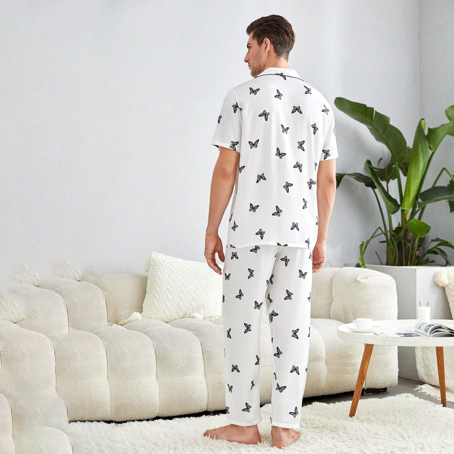 Men's Silk Pajamas Set Short Sleeves Butterfly Print Silk Nightwear White S