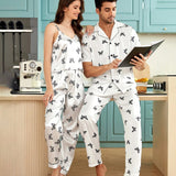 Men's Silk Pajamas Set Short Sleeves Butterfly Print Silk Nightwear White S