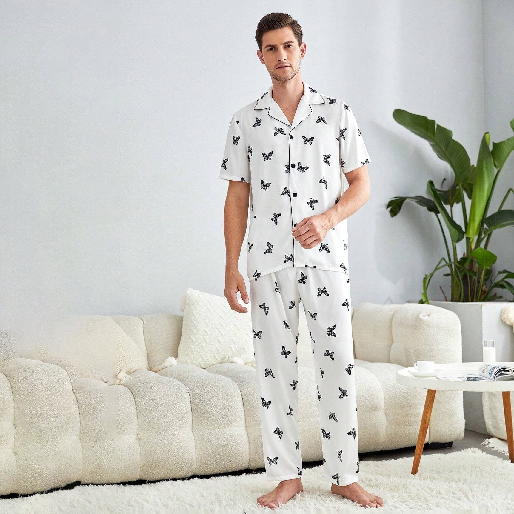 Men's Silk Pajamas Set Short Sleeves Butterfly Print Silk Nightwear White S