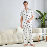 Men's Silk Pajamas Set Short Sleeves Butterfly Print Silk Nightwear White S