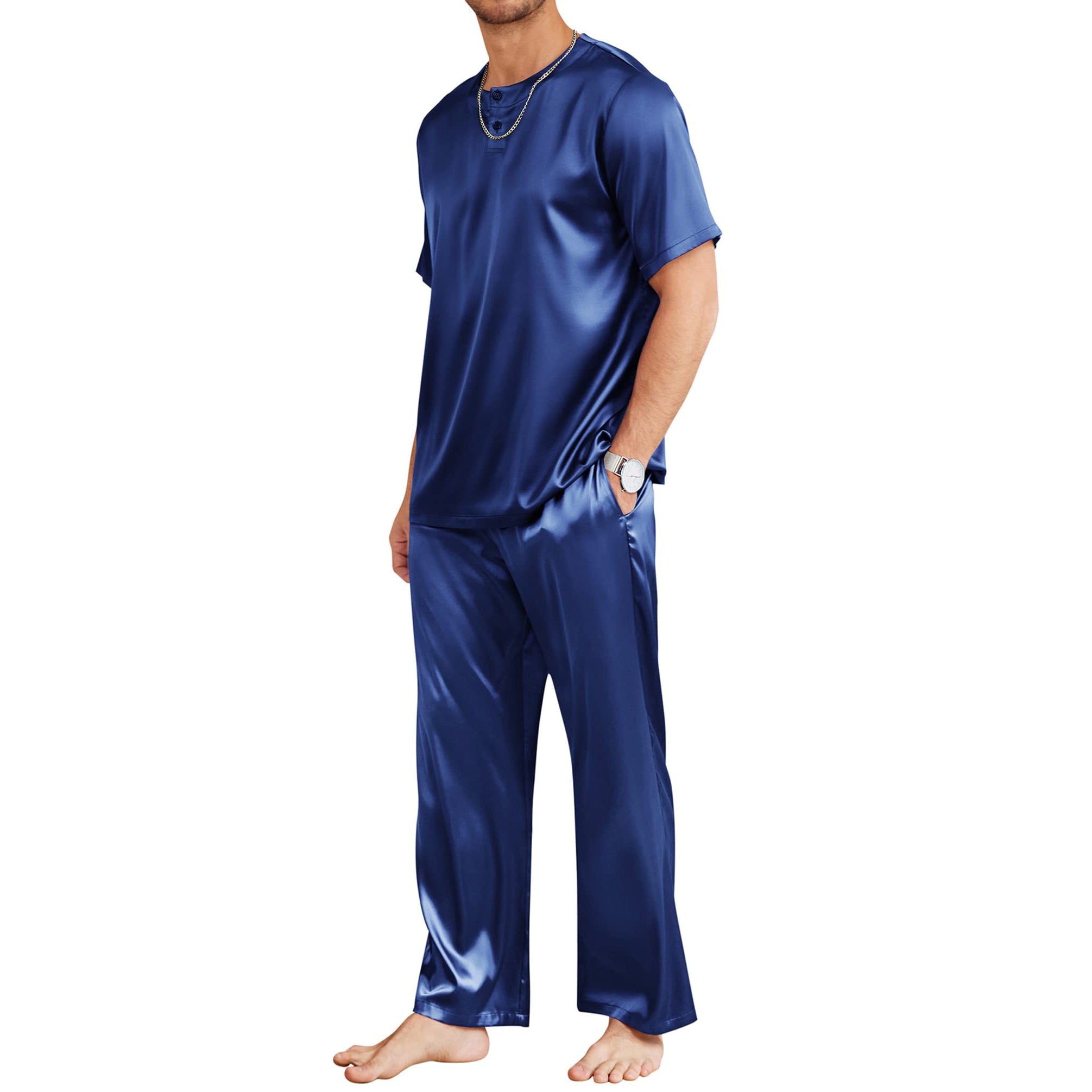Mens Silk Pajamas with Short Sleeve Henley Top and Full Length Pants Navy Blue S